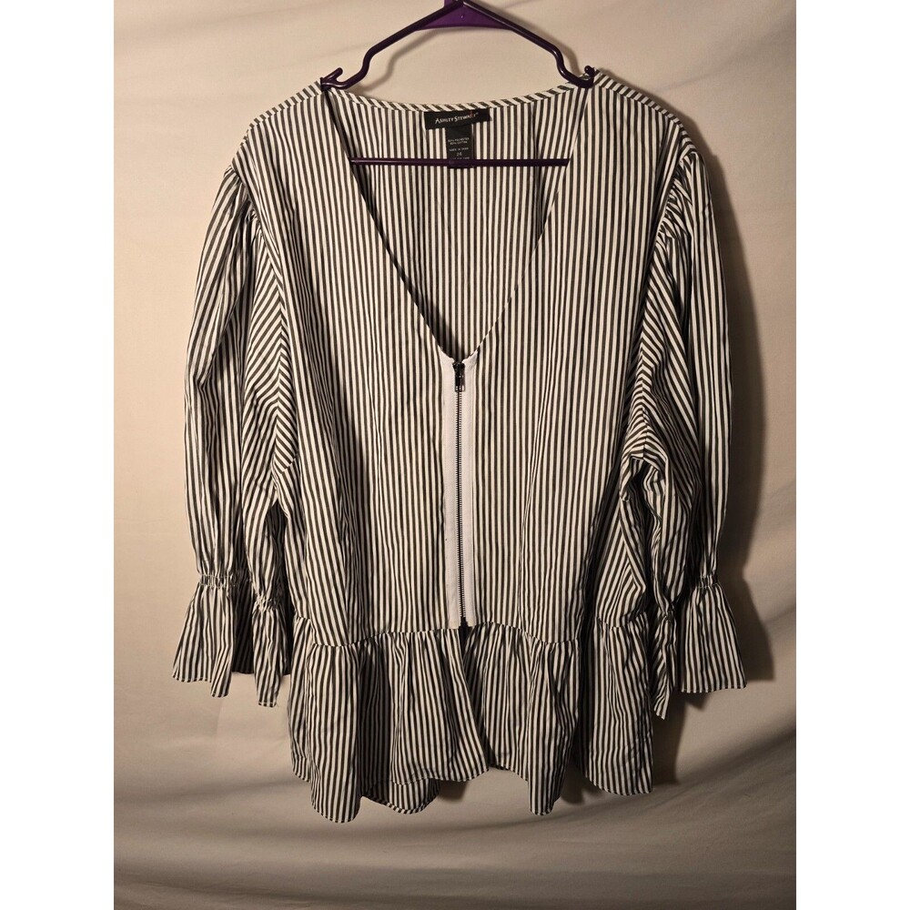 New Ashley Stewart Babydoll Gray Stripe Shirt Blouse Top Size 3X 24 Office